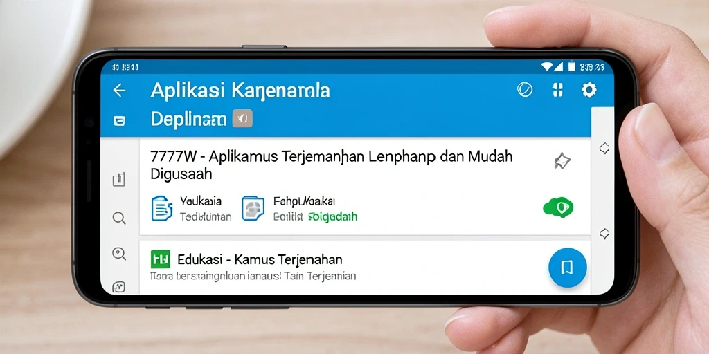 Tampilan antarmuka aplikasi Kamus Terjemahan 7777W yang sederhana dan intuitif.