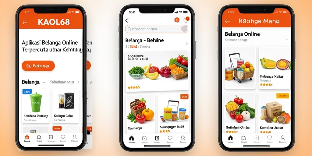 Tampilan antarmuka aplikasi KAOL68 untuk belanja online yang mudah dipahami.