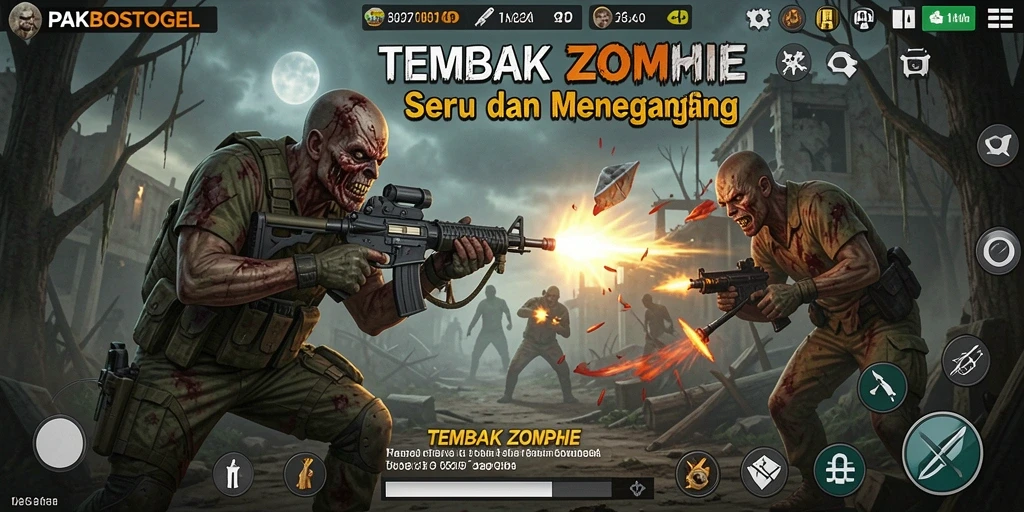 Antarmuka PAKBOSTOGEL menampilkan aksi tembak zombie yang intens.